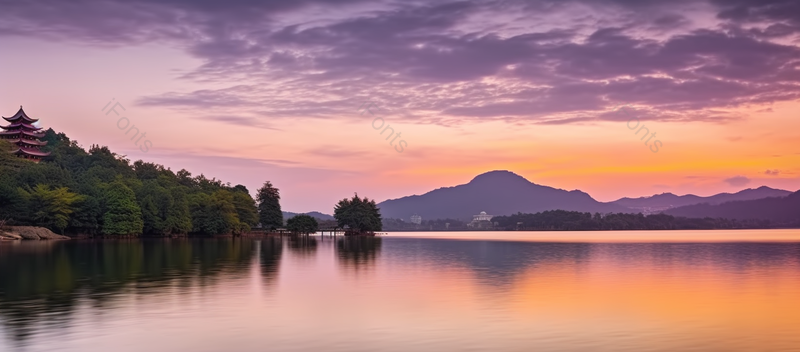 橙色意境轻松朝霞夕阳湖面眺望古塔风景背景,高清,摄影图,摄影图片,图片大全,摄影图免费下载